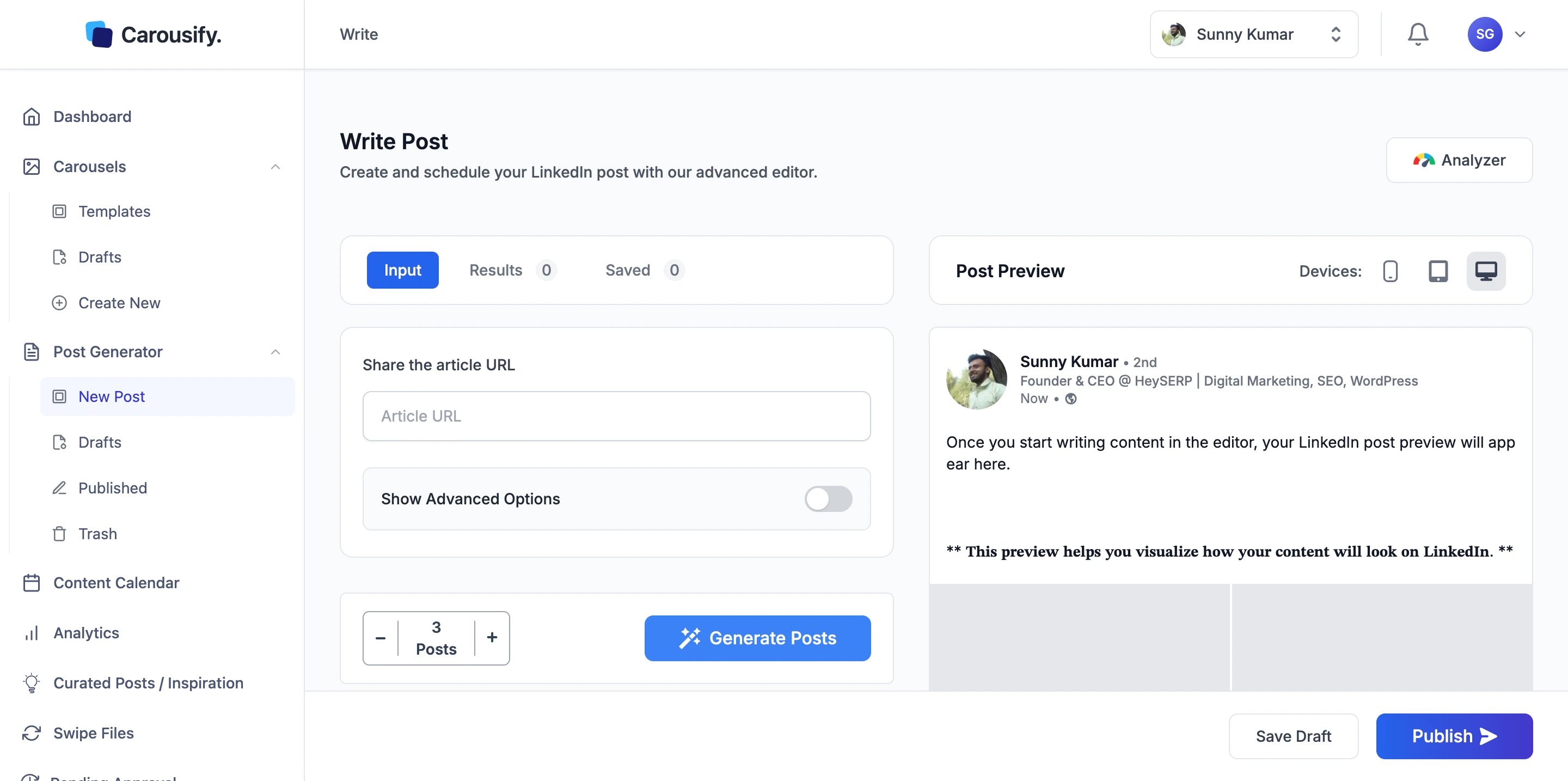Generate from Content tab with an Article URL input field