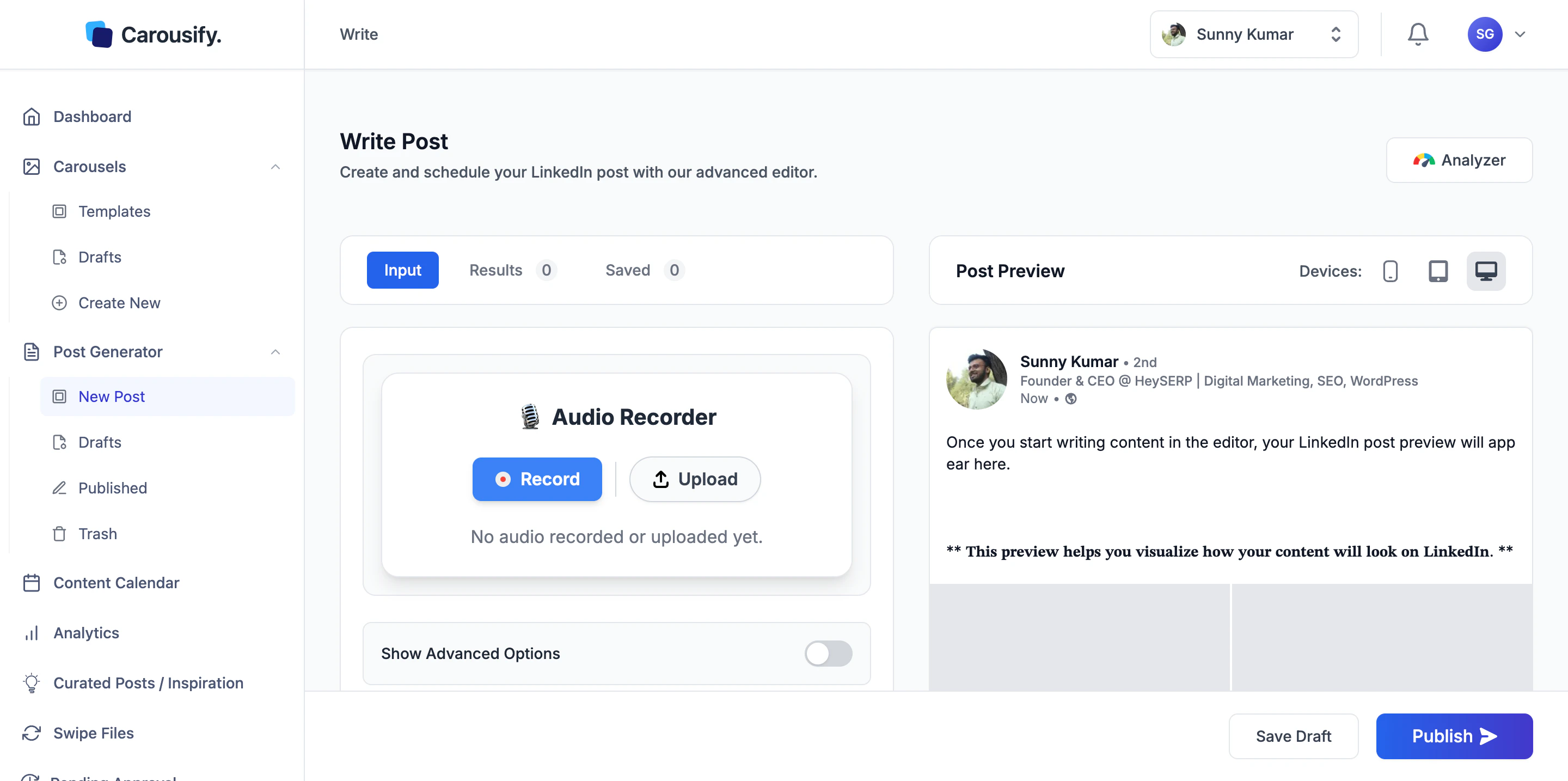 Generate from Audio tab with Record and Upload buttons