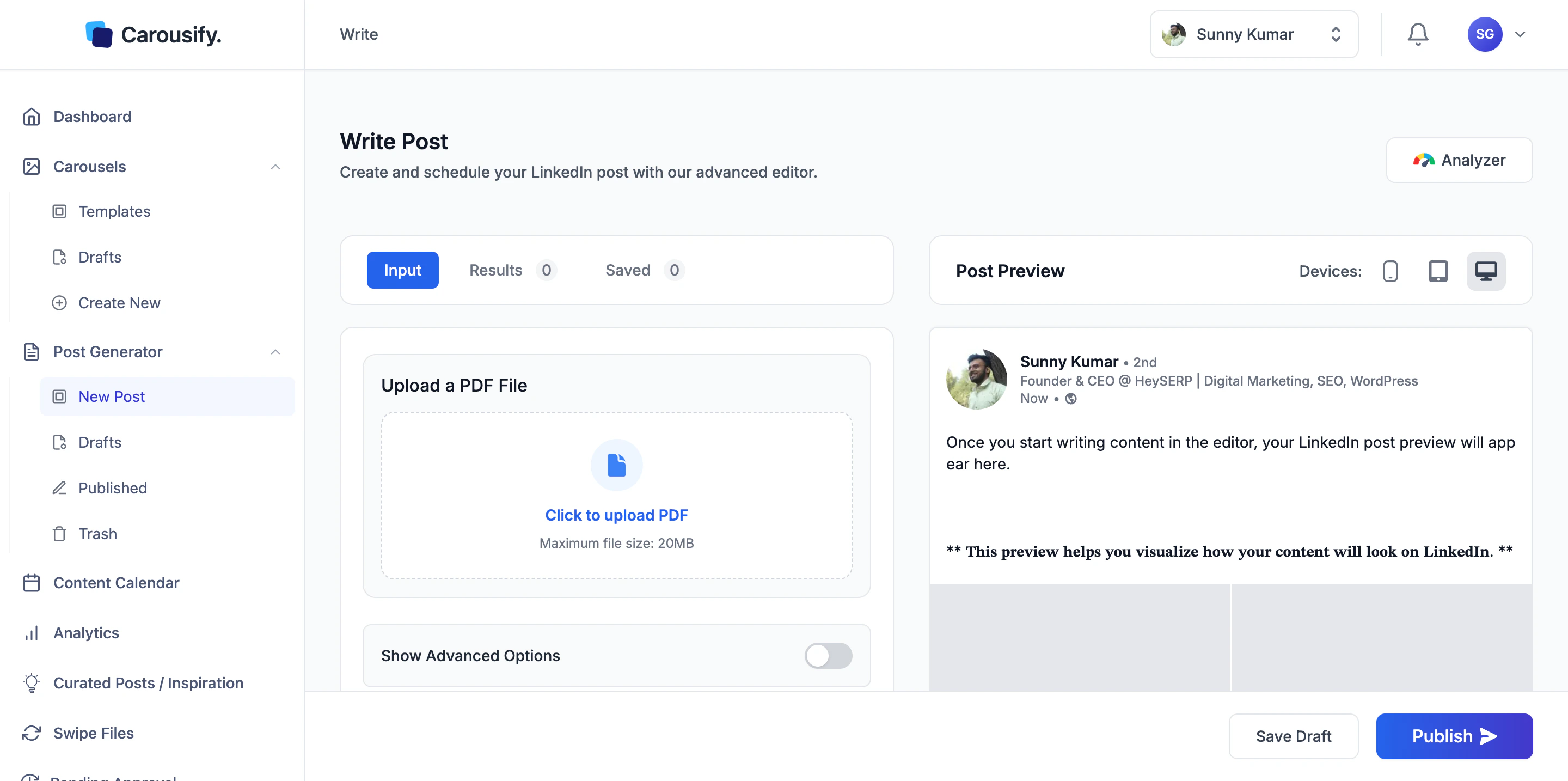 Generate from PDF tab with a Click to upload PDF dropzone