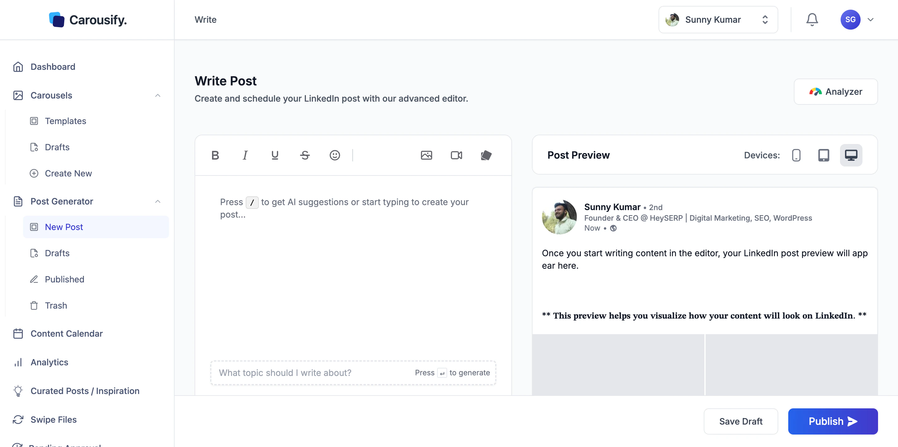Slash command on the blank editor showing 'What topic should I write about?' input
