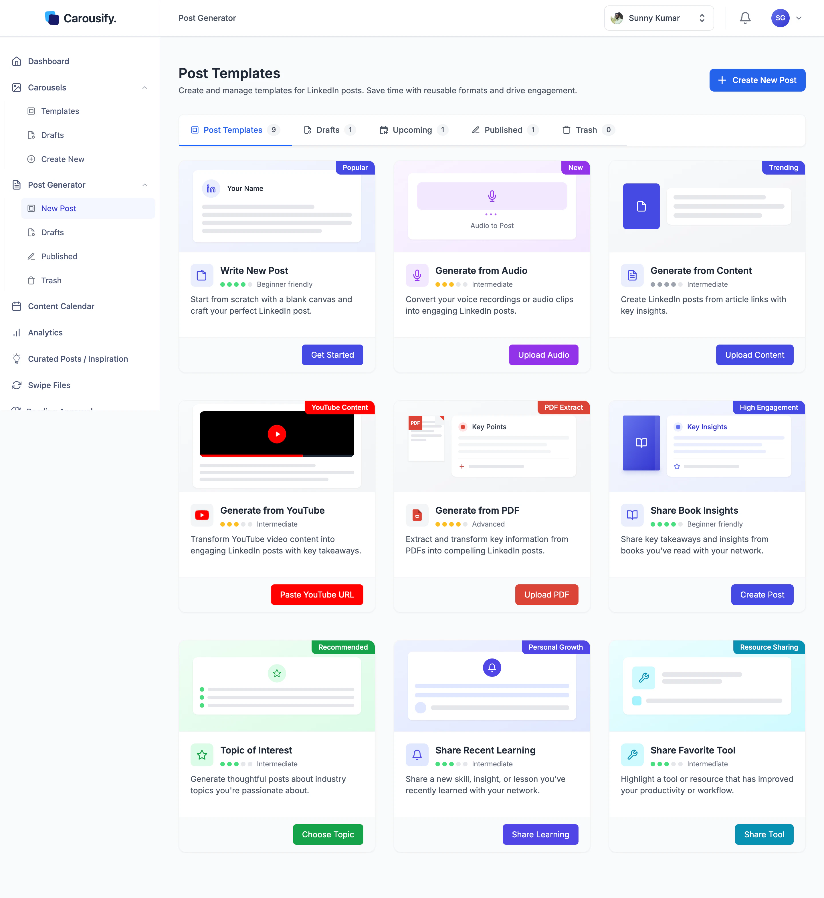 Carousify Post Generator templates gallery with Post Templates, Drafts, Upcoming, Published, and Trash tabs