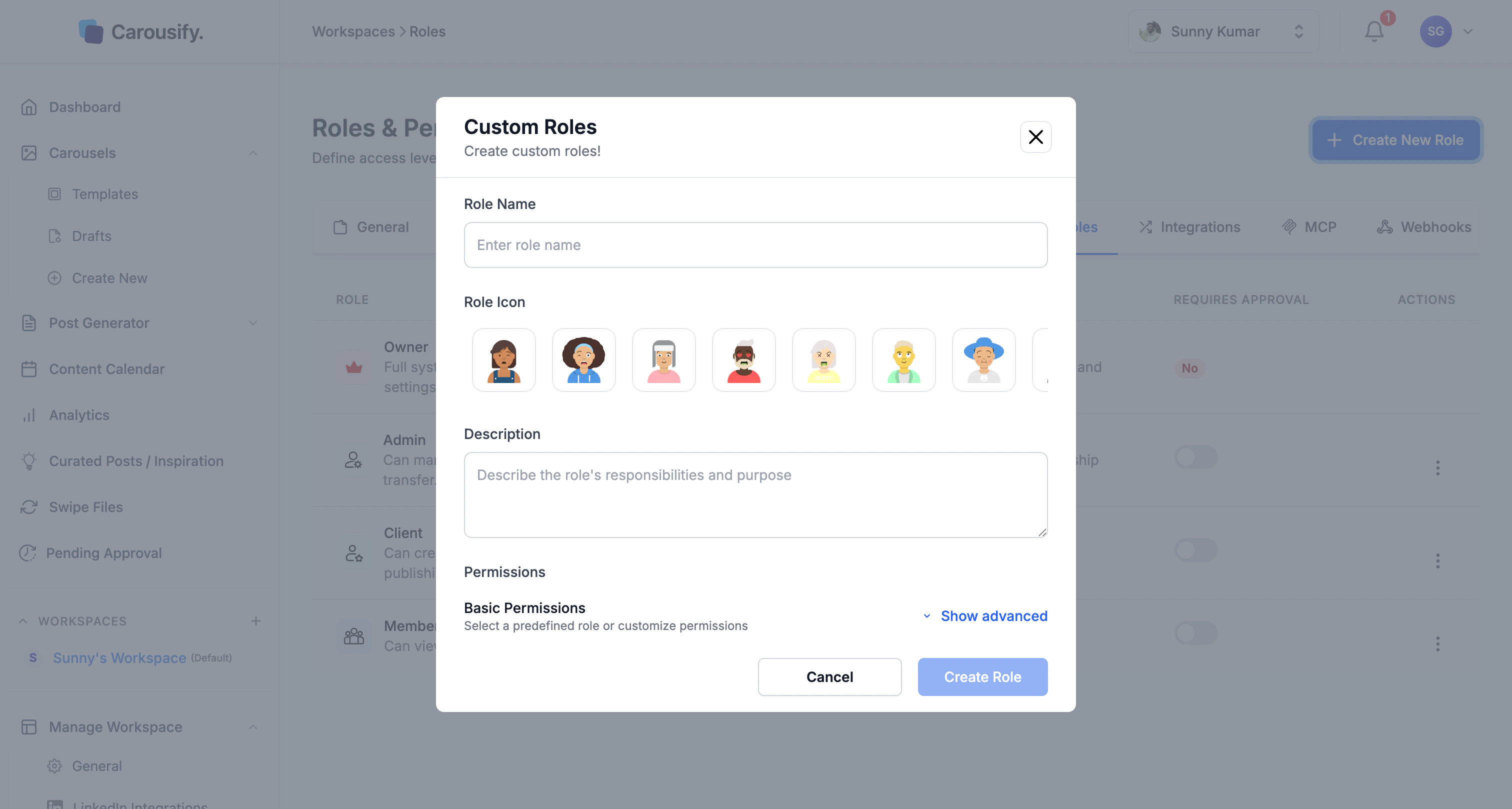Custom Roles dialog with Role Name, Role Icon picker, Description, and Basic Permissions