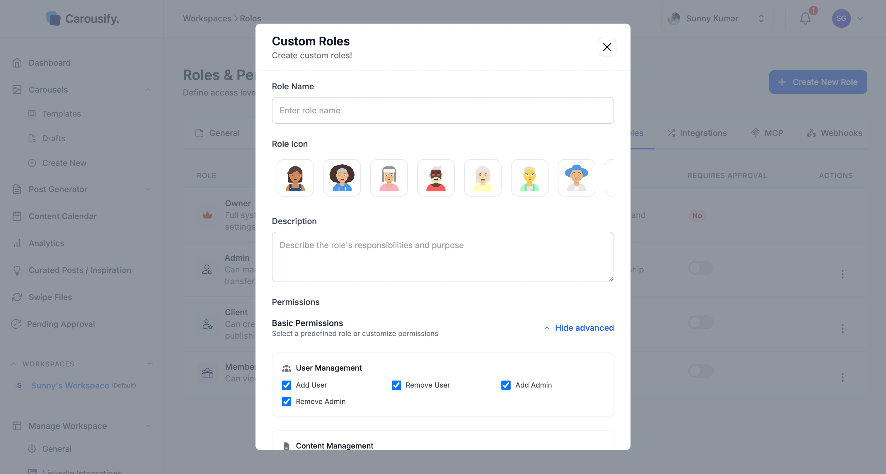 Advanced permissions panel showing User Management, Content Management, Integrations, Templates, and Brand & Workspace permission groups