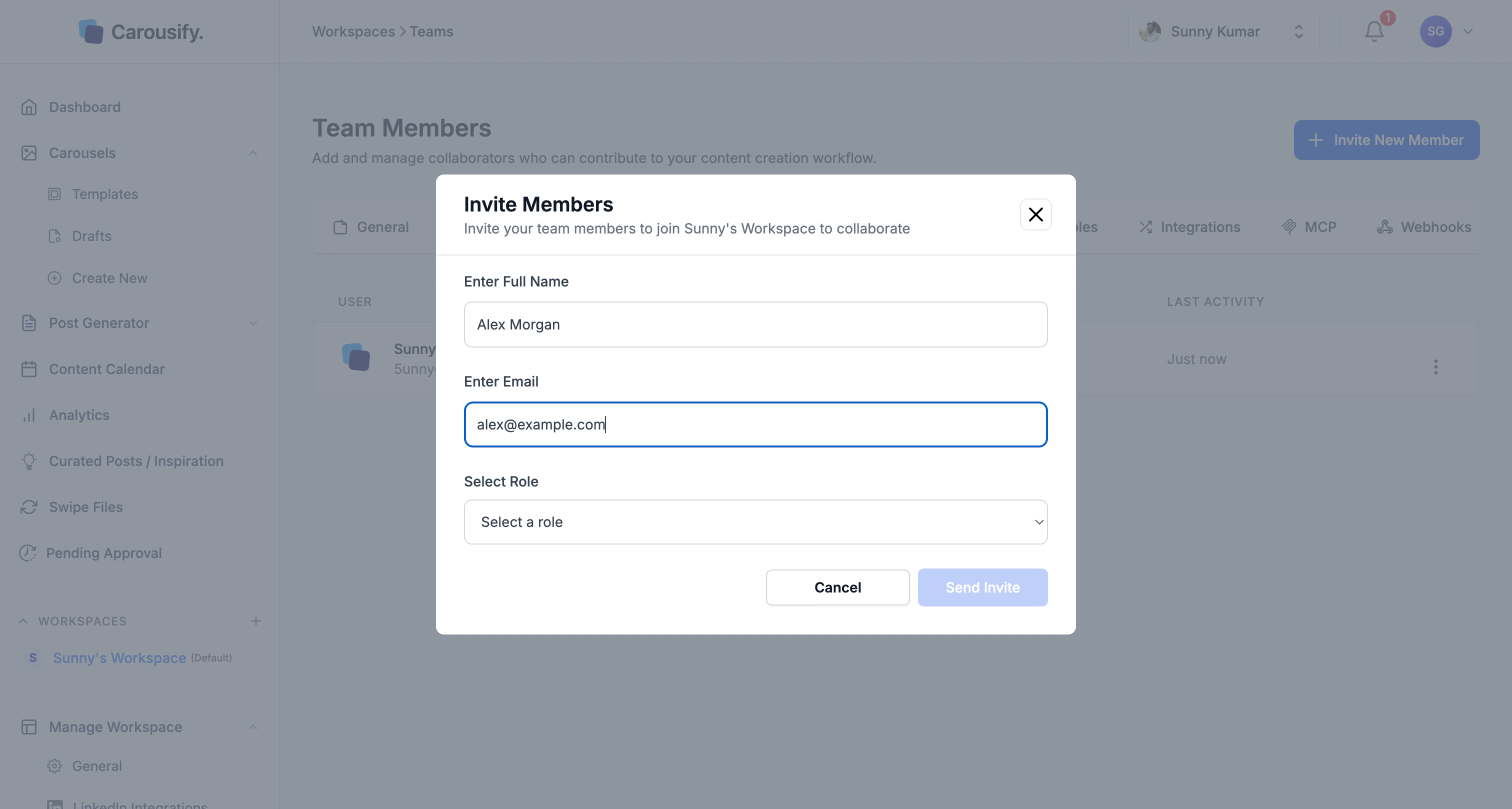 Invite Members dialog with name and email filled in