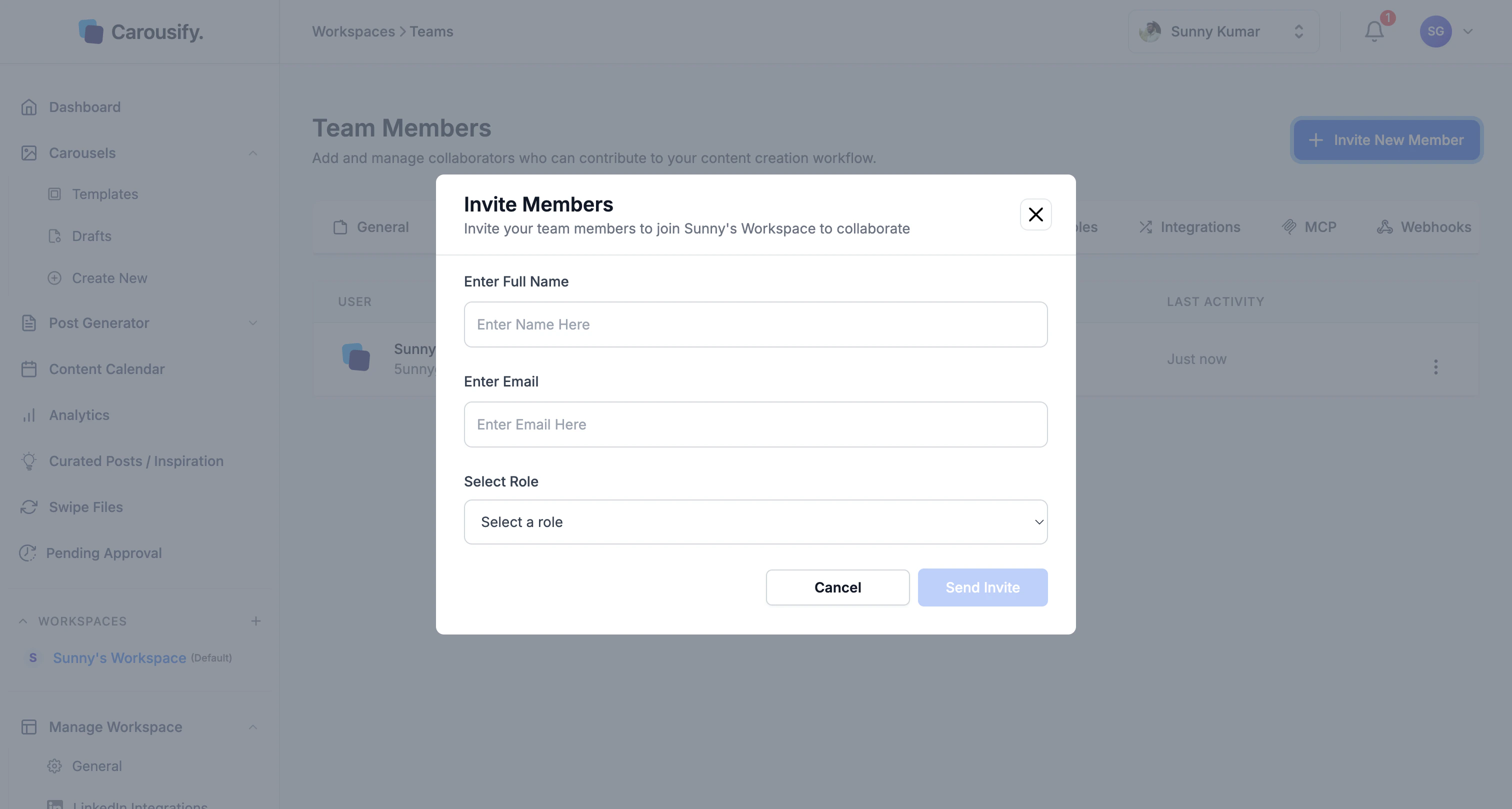 Invite Members dialog with Full Name, Email, and Select Role fields