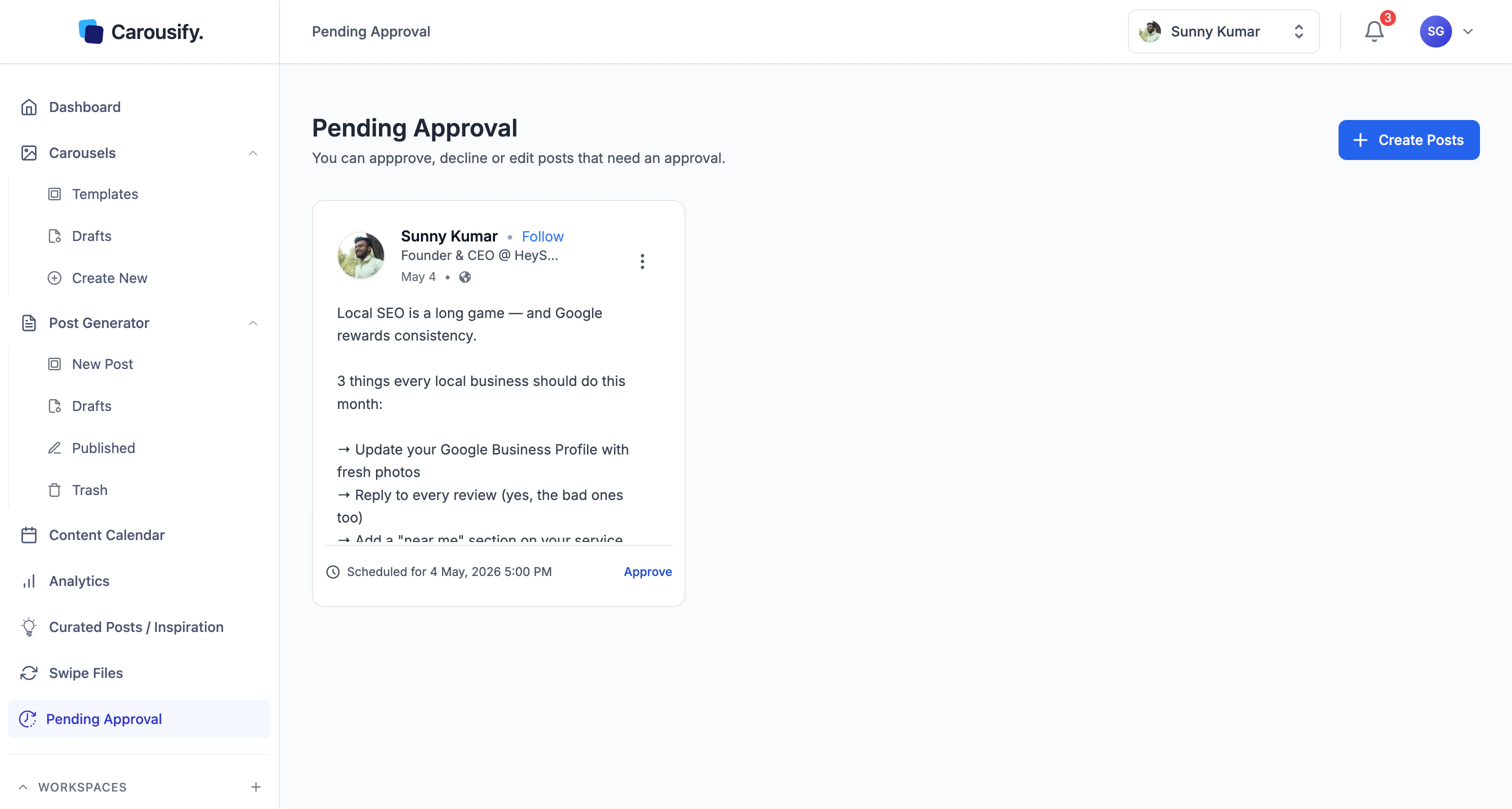 Pending Approval page showing a queued LinkedIn post with an Approve button