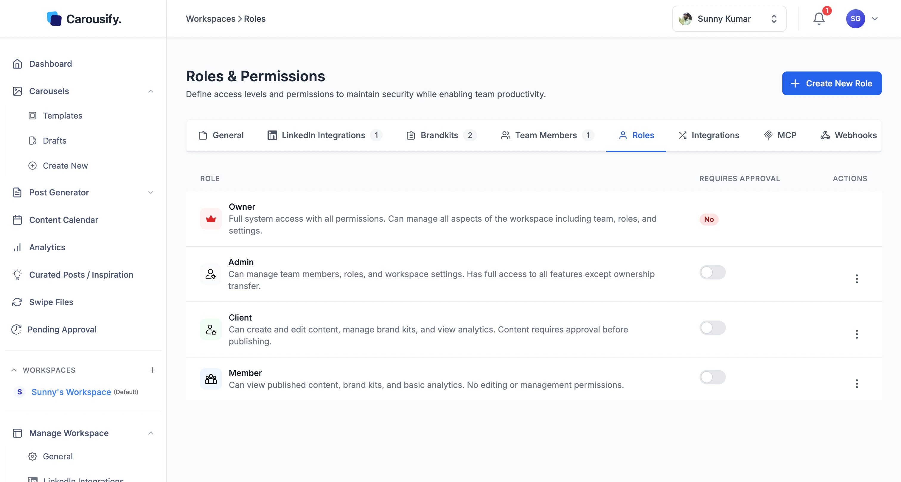 Roles & Permissions page listing Owner, Admin, Client, and Member with Requires Approval toggles