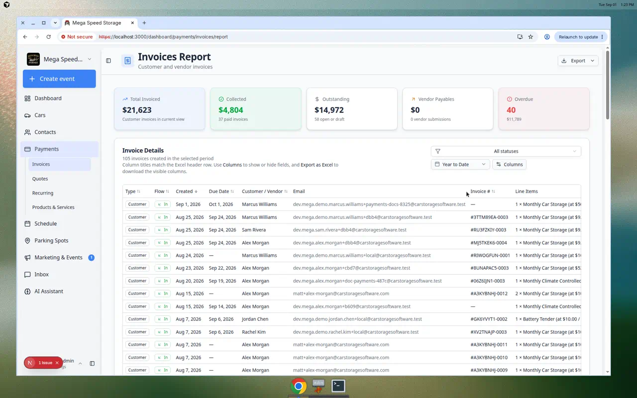 Invoices Report page showing summary cards and invoice table for a date range with data