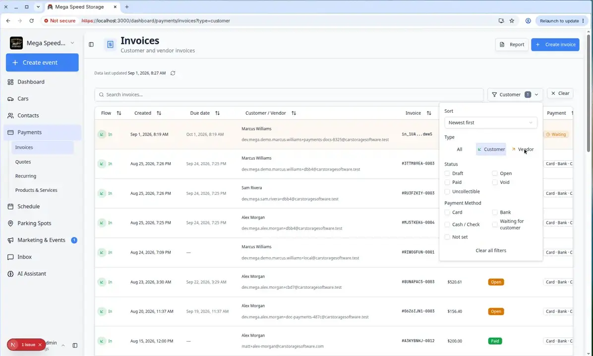 Invoices filter panel showing Type options All Customer and Vendor plus status checkboxes