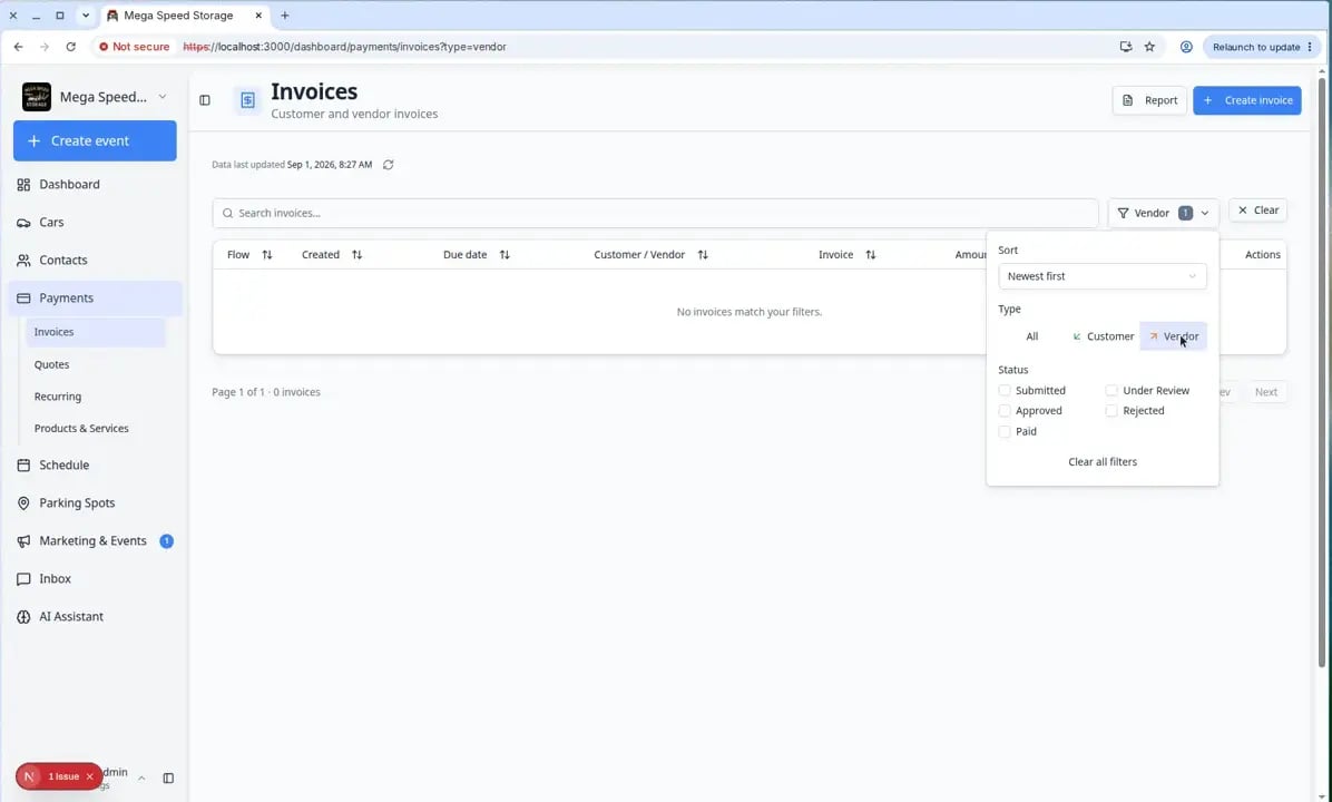 Invoices page filtered to Vendor type showing a vendor invoice row with invoice number, amount, and Submitted status