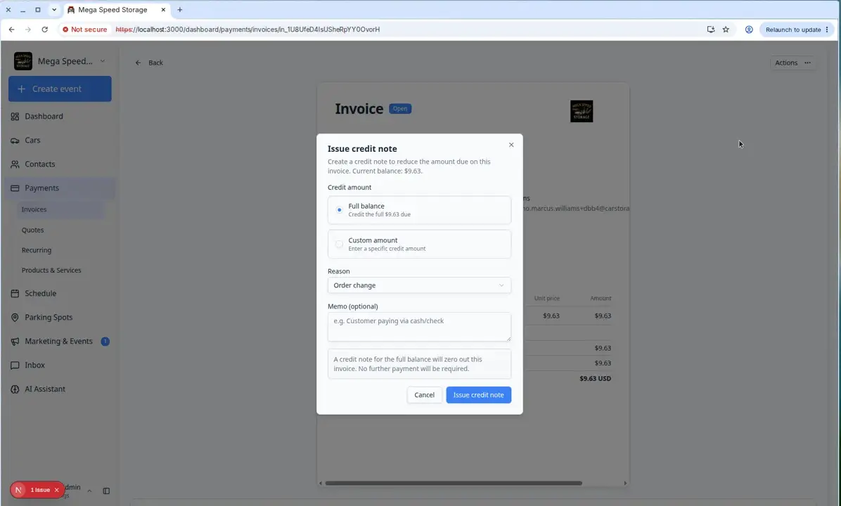 Issue credit note dialog showing Processing fees only, Full balance, and Custom amount options