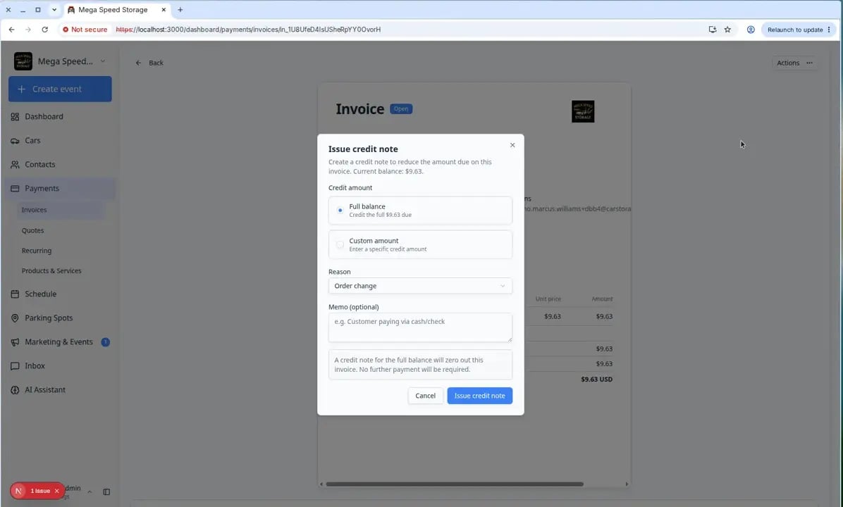 Issue credit note dialog showing Processing fees only, Full balance, and Custom amount options