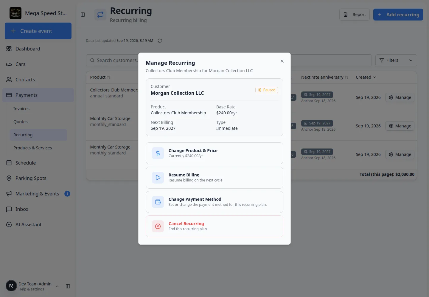 Manage Recurring window for Collectors Club Membership showing customer Morgan Collection LLC, Paused status, next billing date, and buttons for Change Product and Price, Resume Billing, Change Payment Method, and Cancel recurring