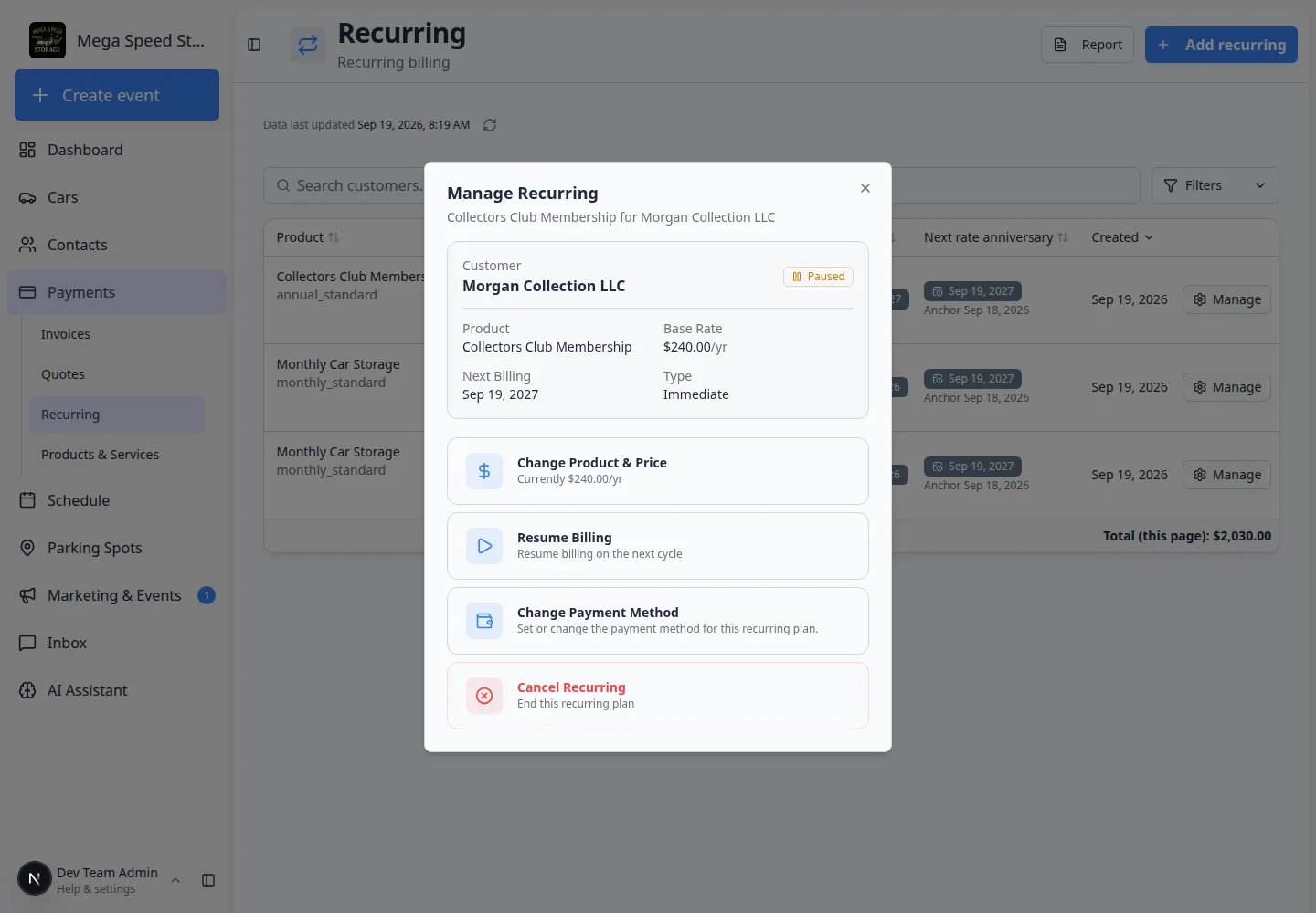 Manage Recurring window for Collectors Club Membership showing customer Morgan Collection LLC, Paused status, next billing date, and buttons for Change Product and Price, Resume Billing, Change Payment Method, and Cancel recurring