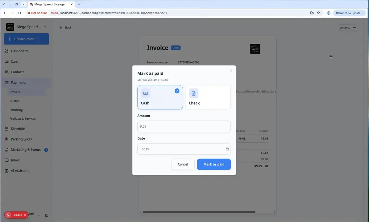 Mark invoice as paid dialog with Cash or Check options, amount field, payment date, and check number field