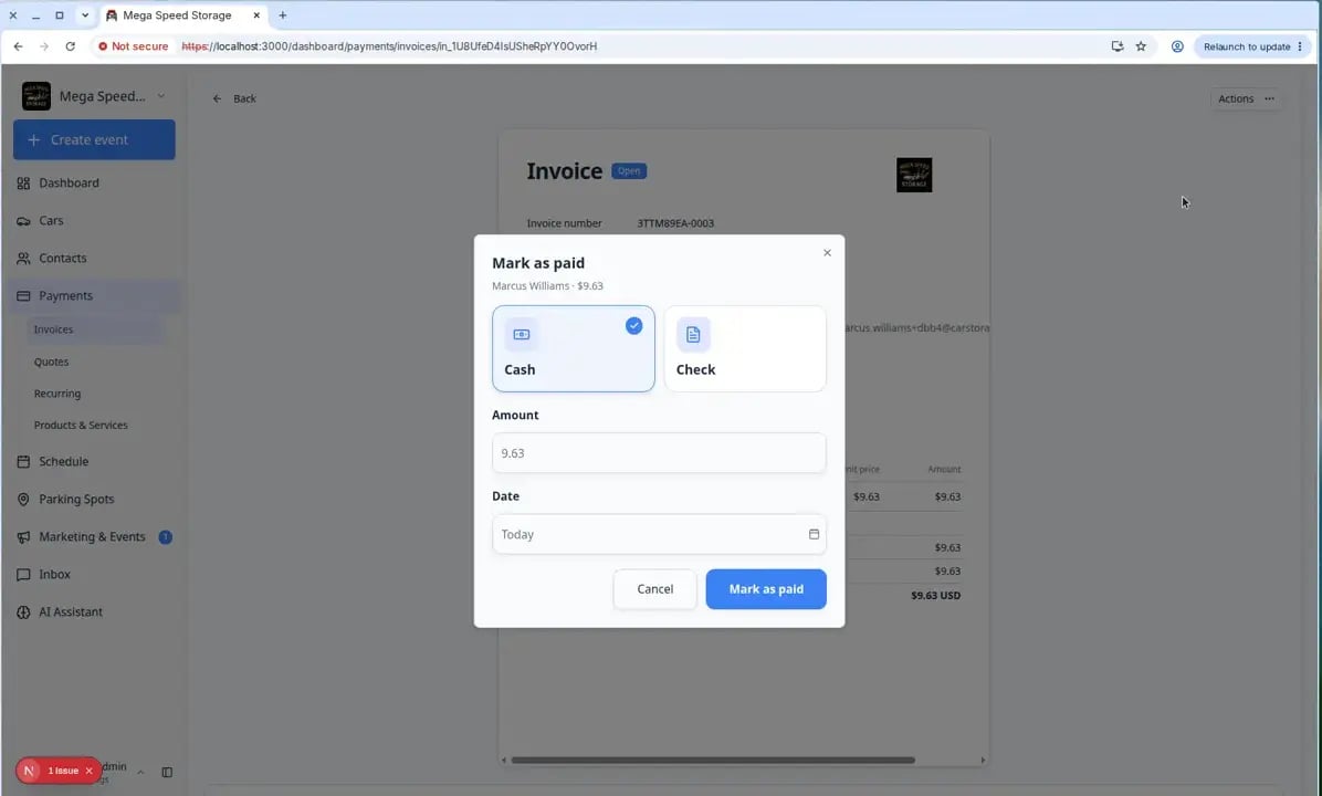 Mark invoice as paid dialog with Cash or Check options, amount field, payment date, and check number field