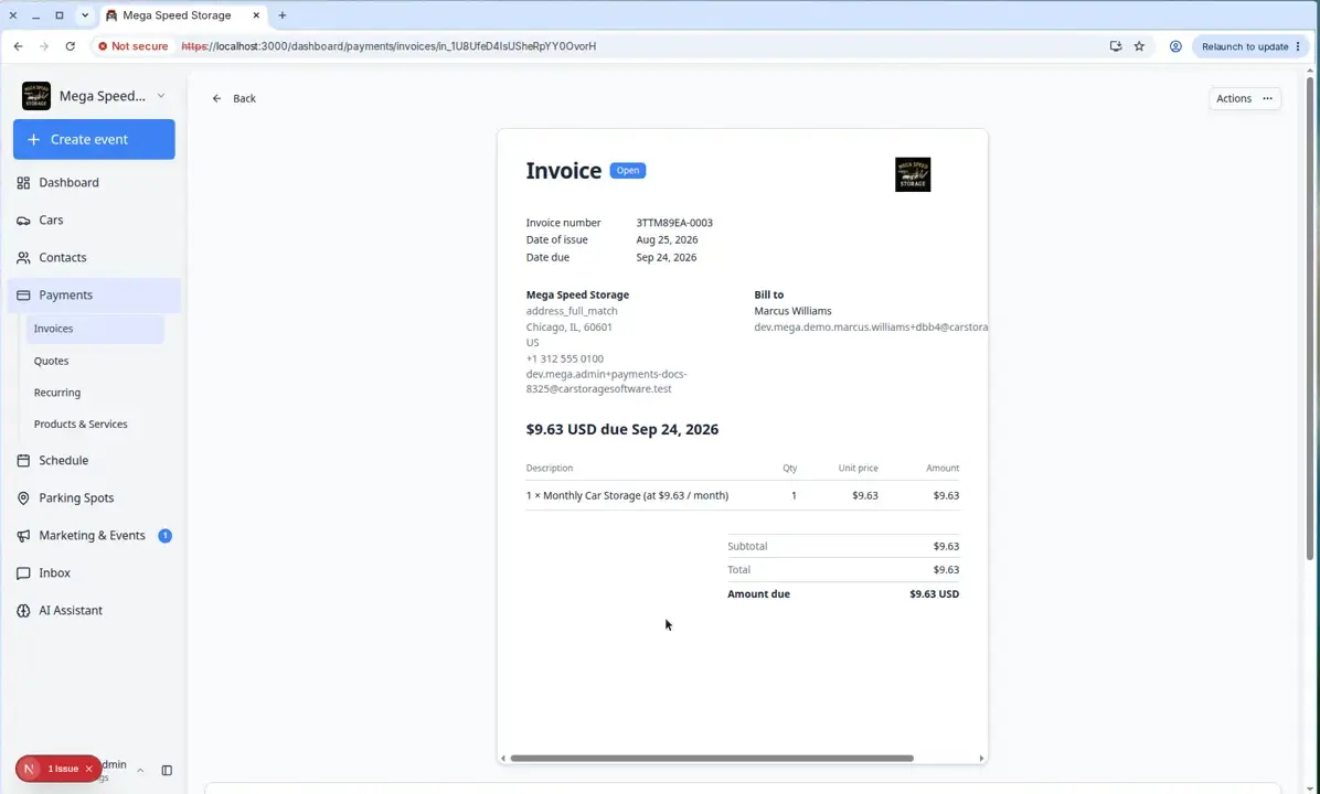 Dashboard sidebar with Payments expanded, showing Invoices, Quotes, Recurring, and Products and Services