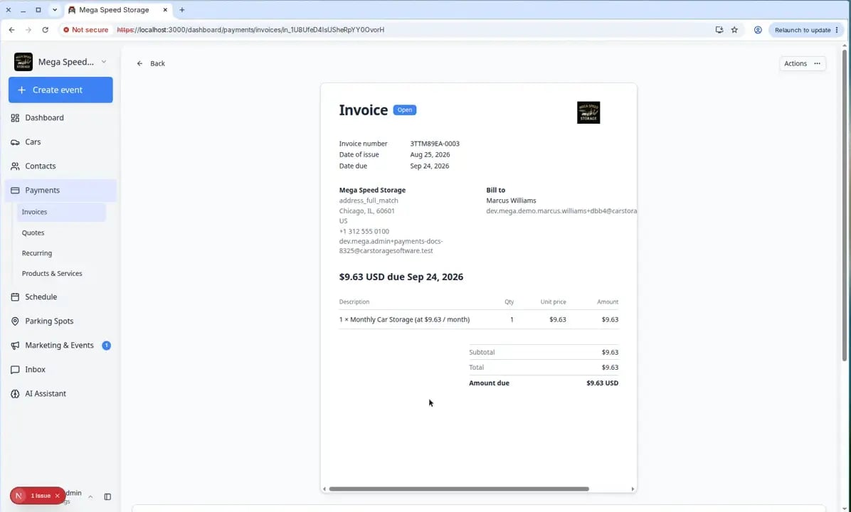 Dashboard sidebar with Payments expanded, showing Invoices, Quotes, Recurring, and Products and Services