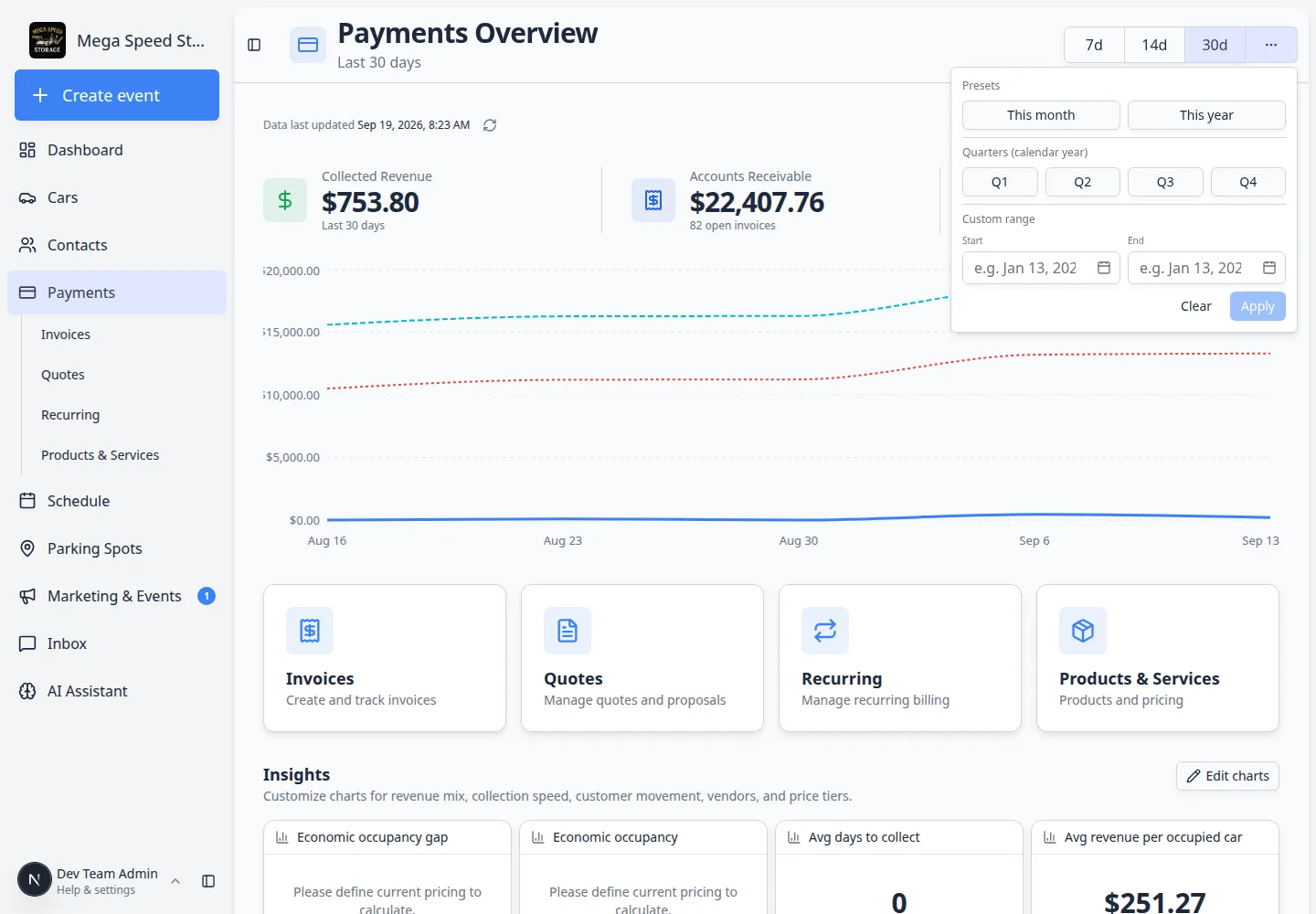 Payments Overview date menu open with This month, This year, Q1 through Q4, custom start and end dates, and Apply