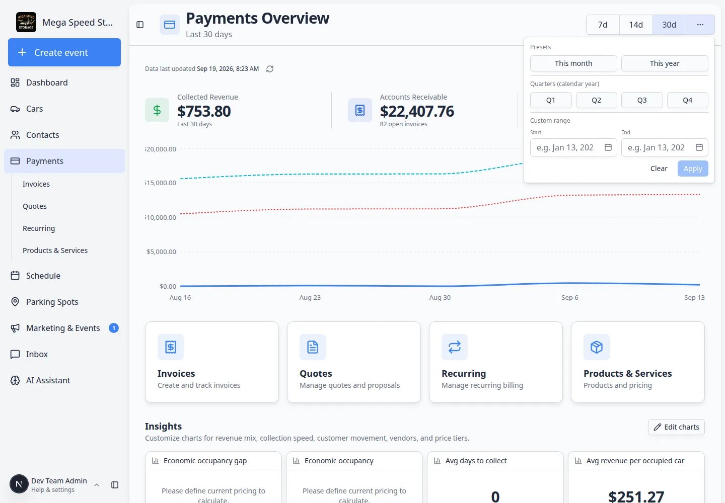 Payments Overview date menu open with This month, This year, Q1 through Q4, custom start and end dates, and Apply