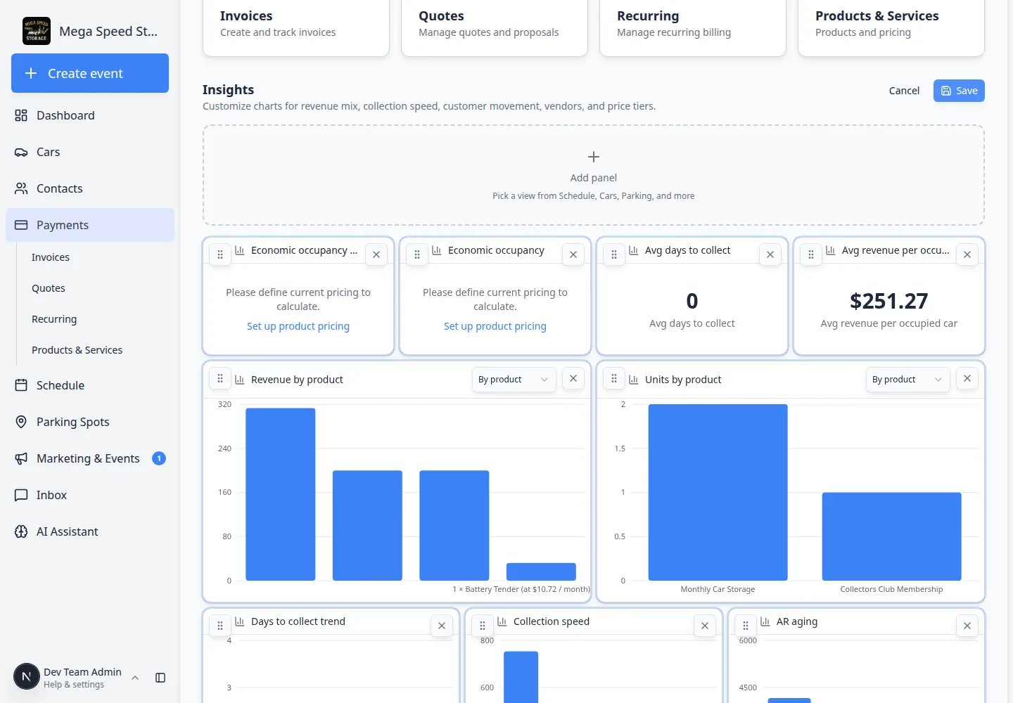 Insights section in edit mode with Add panel, Cancel, Save, and chart tiles for occupancy, collection speed, and revenue by product