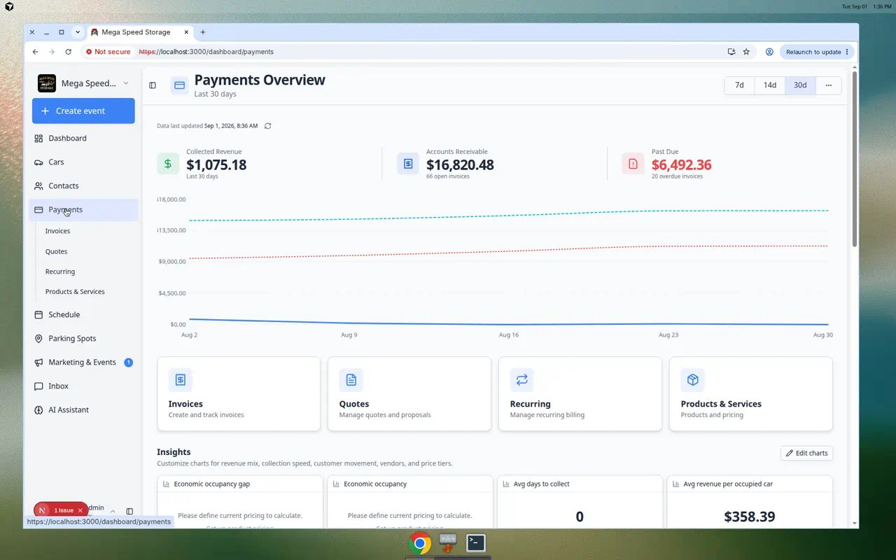 Payments overview page showing Collected Revenue, Accounts Receivable, and Past Due summary cards plus shortcuts to Invoices, Quotes, Recurring, and Products and Services