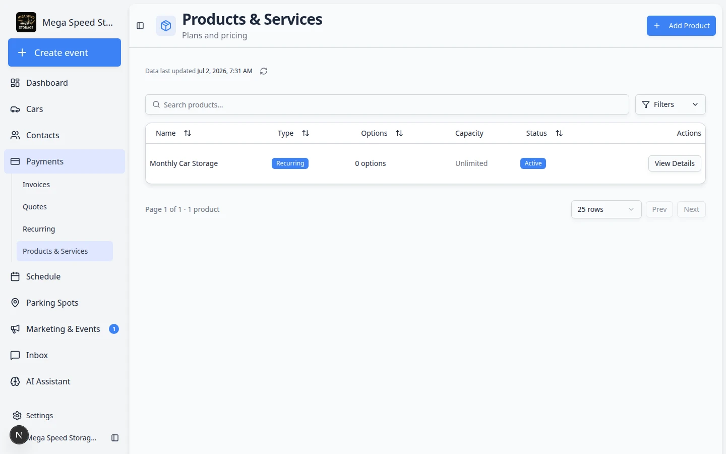 Products and Services table showing Name, Type, Options, Capacity, Status, and Actions columns