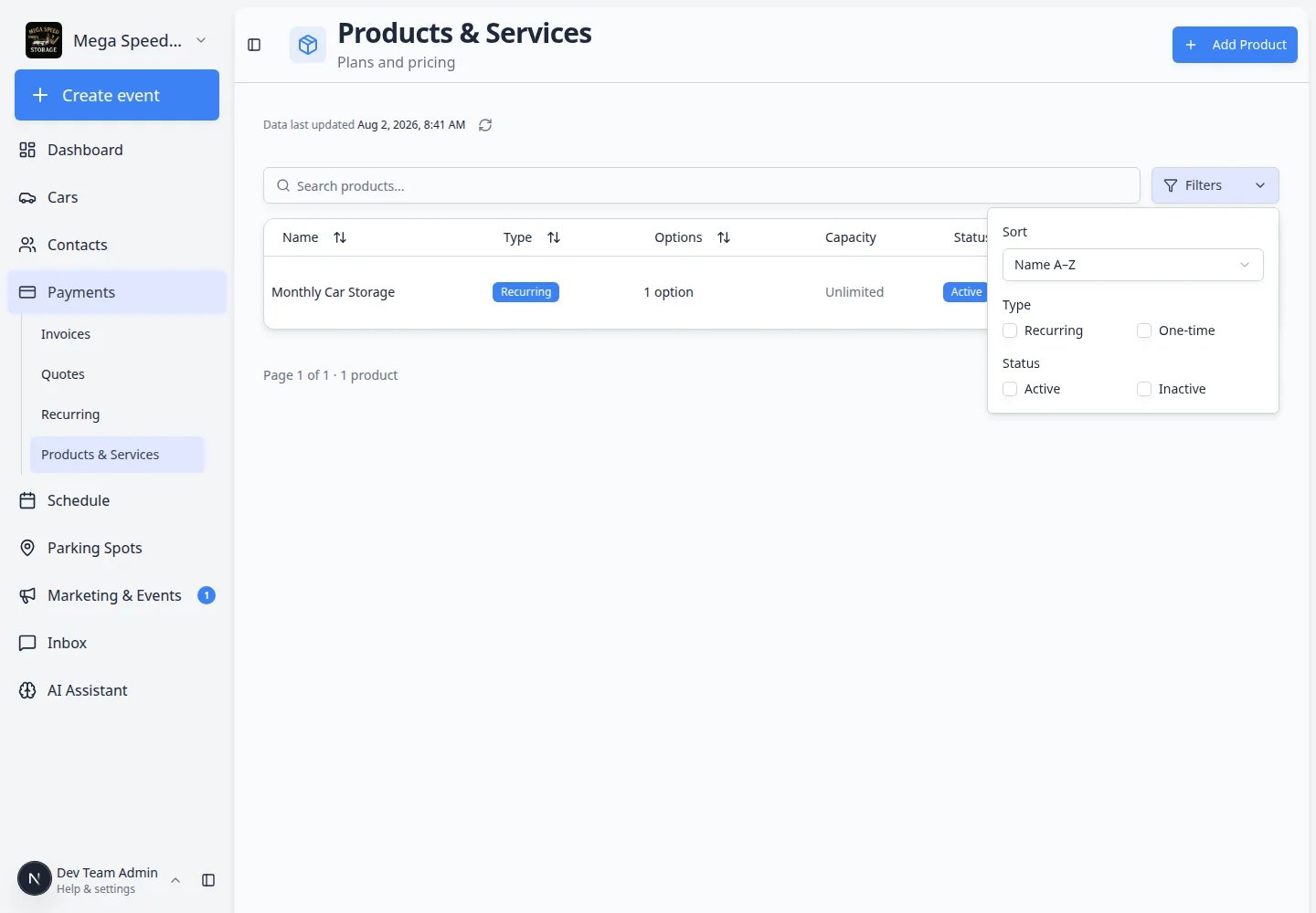 Products and Services page with Filters panel open showing Recurring, One-time, Active, and Inactive checkboxes