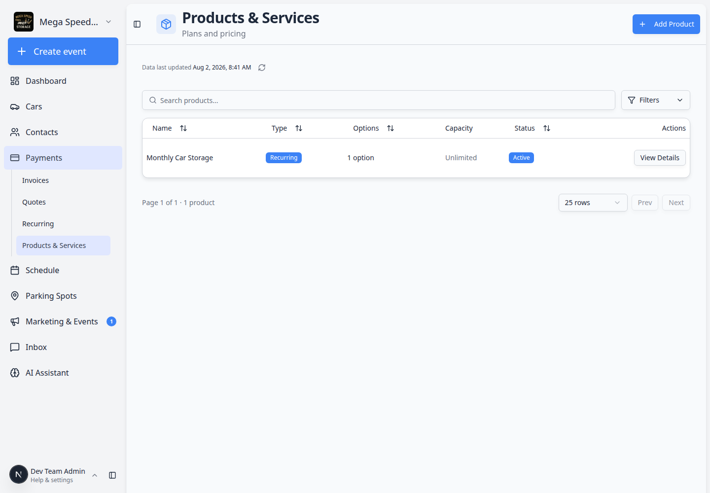 Products and Services list showing recurring and one-time products used as quote line items