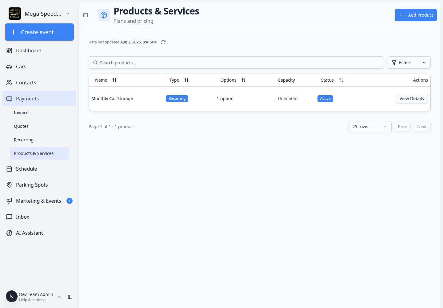 Products and Services list showing recurring and one-time products used as quote line items