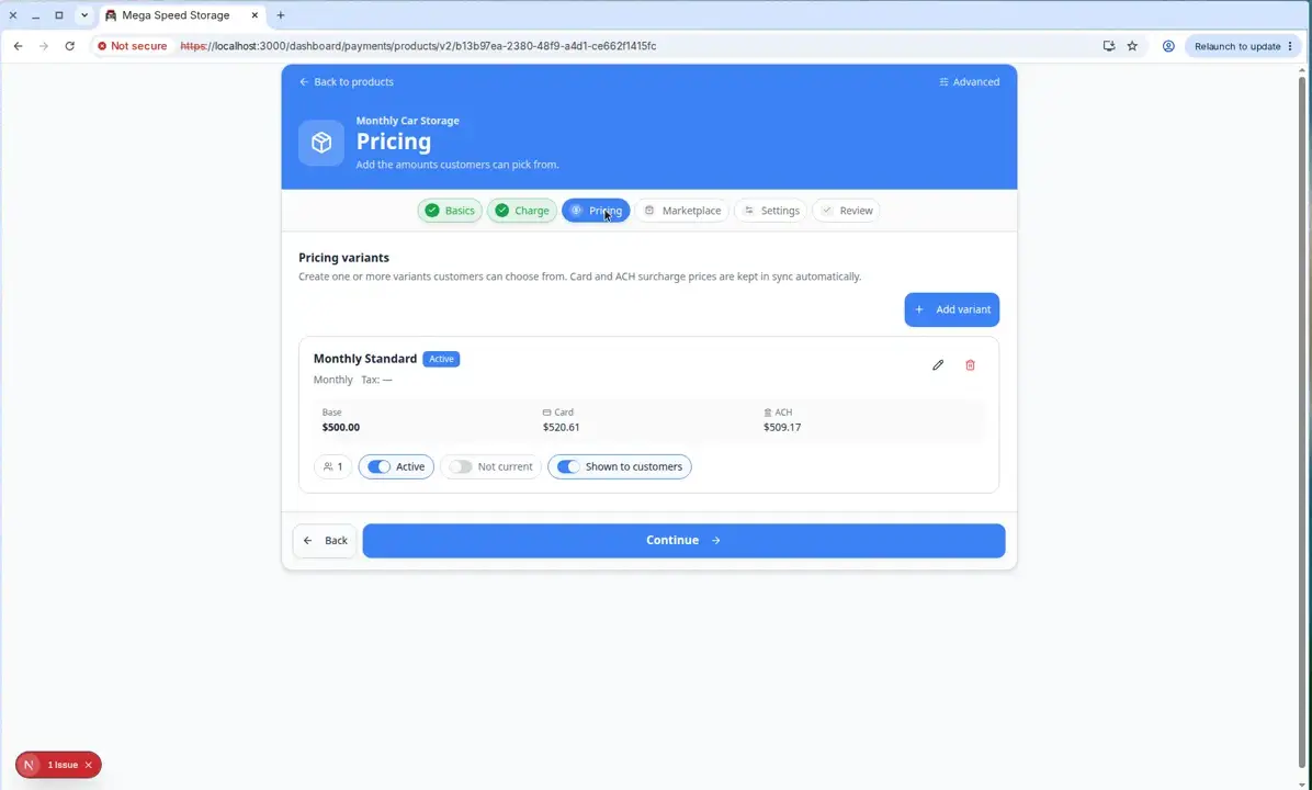 Product detail page showing Product Details and Pricing Variants sections with an Add Variant button