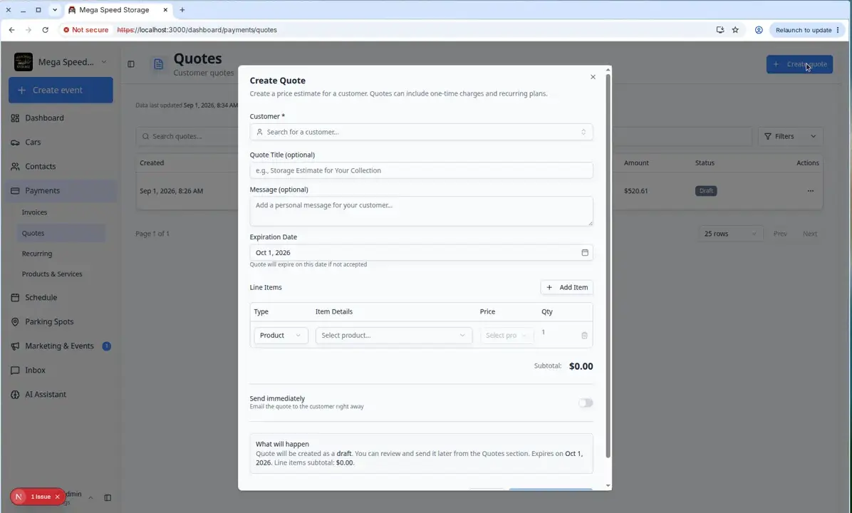 Create Quote dialog showing customer field, quote title, message, expiration date, line items table, and Send immediately toggle