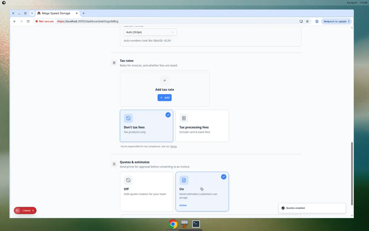 Billing settings showing Quotes Estimates and Proposals section with Enable Quotes toggle turned on