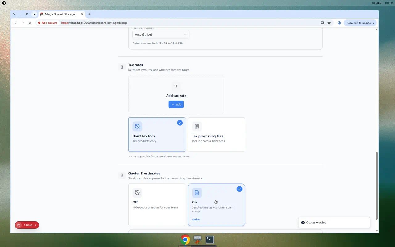 Billing settings showing Quotes Estimates and Proposals section with Enable Quotes toggle turned on