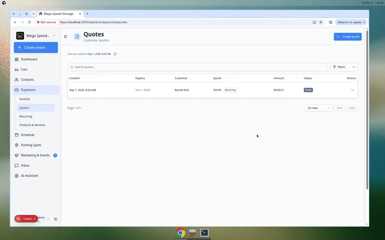 Quotes page showing quote rows with customer names, status badges, totals, and expiration dates