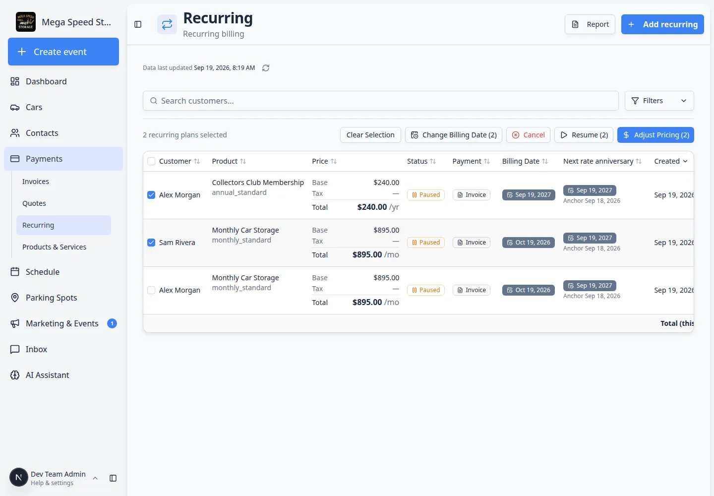 Recurring page with two plans selected and a bar showing Clear Selection, Change Billing Date, Cancel, Resume, and Adjust Pricing