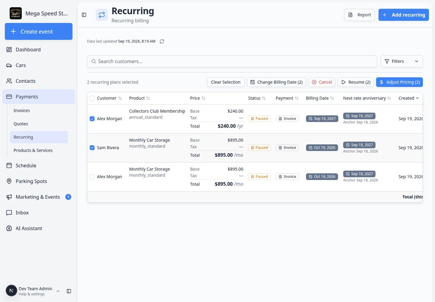 Recurring page with two plans selected and a bar showing Clear Selection, Change Billing Date, Cancel, Resume, and Adjust Pricing