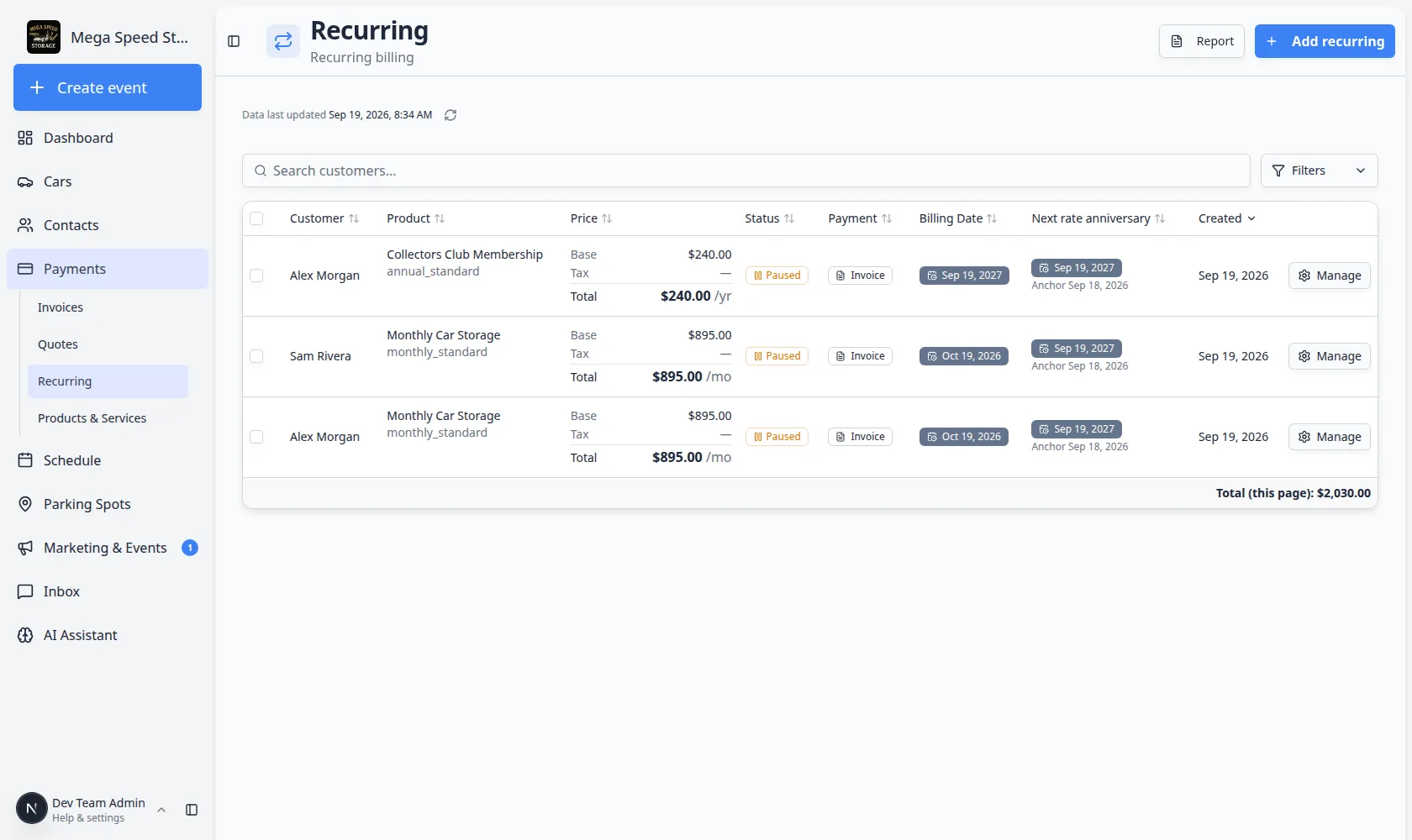 Recurring page showing Monthly Car Storage and Collectors Club Membership rows for Alex Morgan and Sam Rivera, with prices, status, Invoice payment, billing dates, and Manage on each row