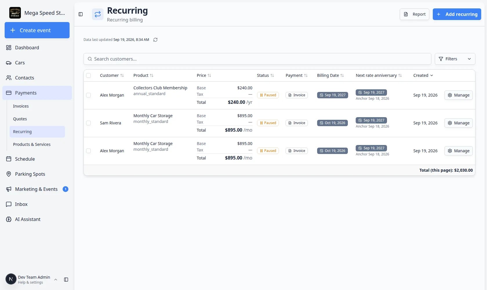 Recurring page showing Monthly Car Storage and Collectors Club Membership rows for Alex Morgan and Sam Rivera, with prices, status, Invoice payment, billing dates, and Manage on each row