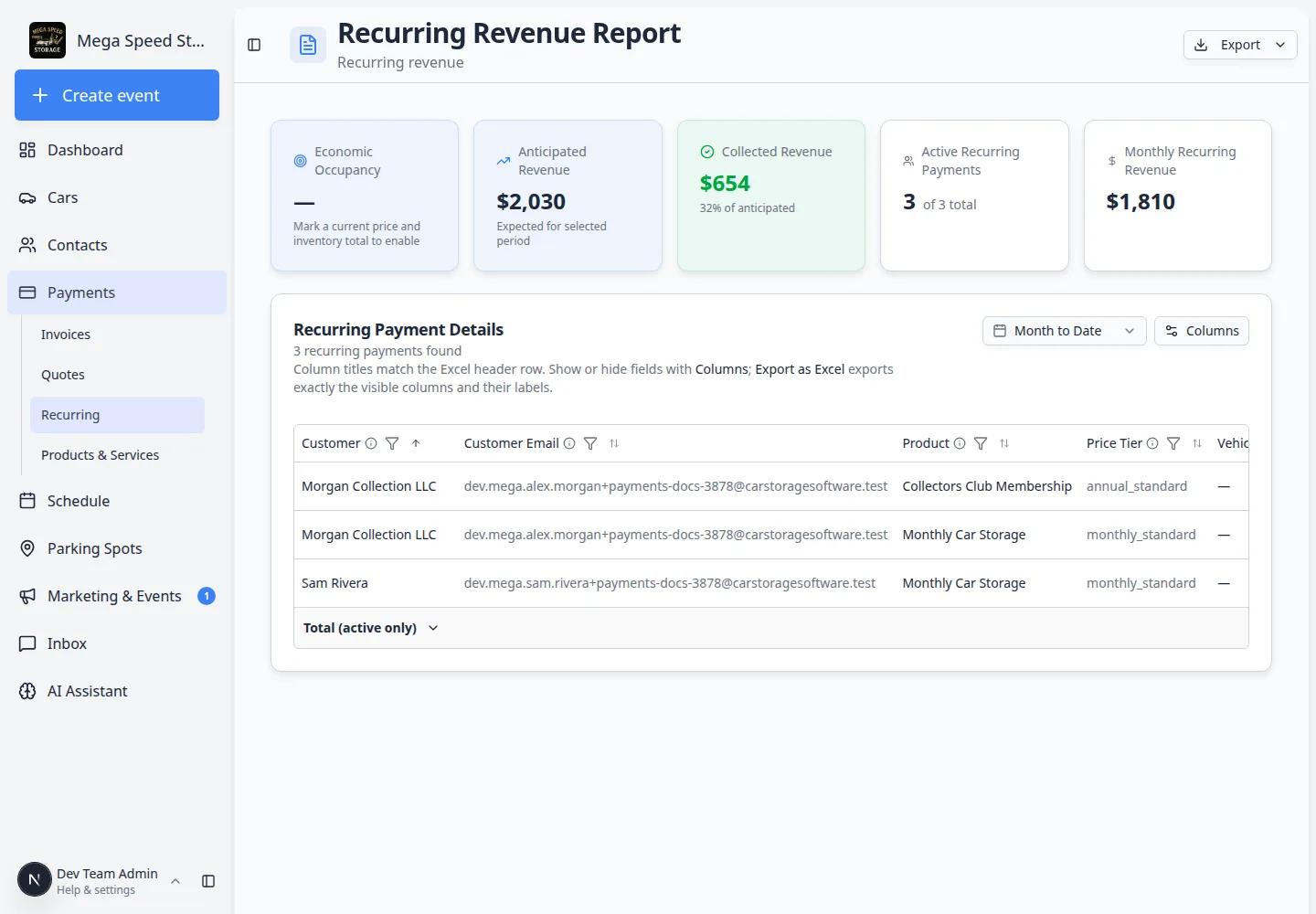 Recurring Revenue Report showing Anticipated Revenue, Collected Revenue, Active Recurring Payments, Monthly Recurring Revenue, and a table of Alex Morgan and Sam Rivera plans