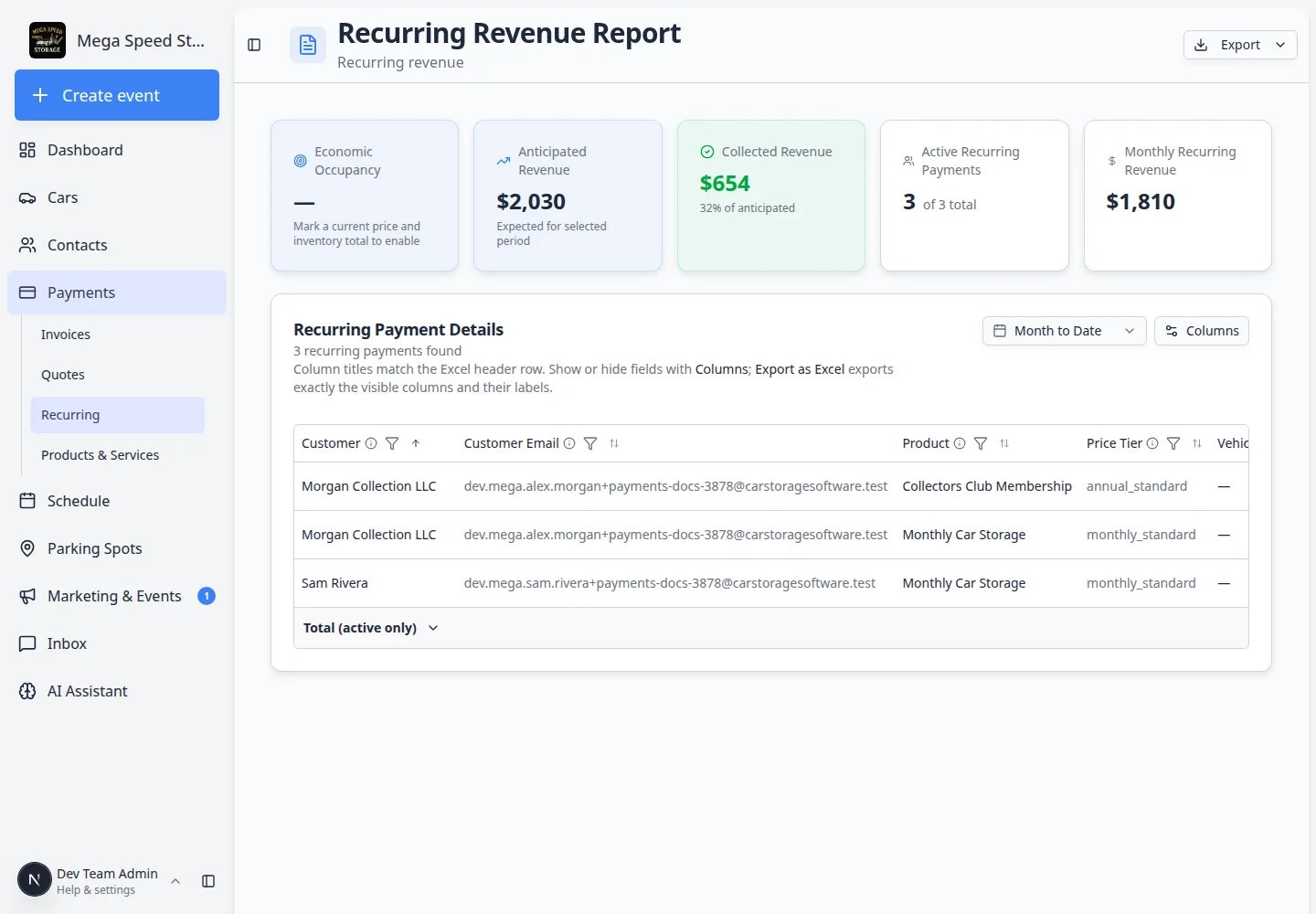 Recurring Revenue Report showing Anticipated Revenue, Collected Revenue, Active Recurring Payments, Monthly Recurring Revenue, and a table of Alex Morgan and Sam Rivera plans