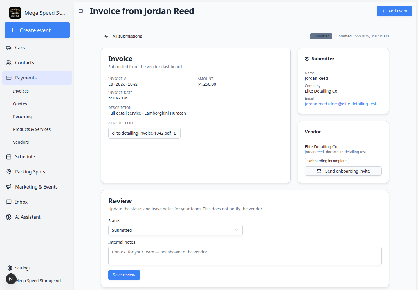 Vendor invoice detail page showing invoice amount, attached PDF, vendor card, review status dropdown, internal notes, and payment section