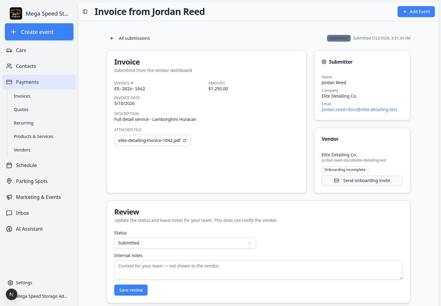 Vendor invoice detail page showing invoice amount, attached PDF, vendor card, review status dropdown, internal notes, and payment section
