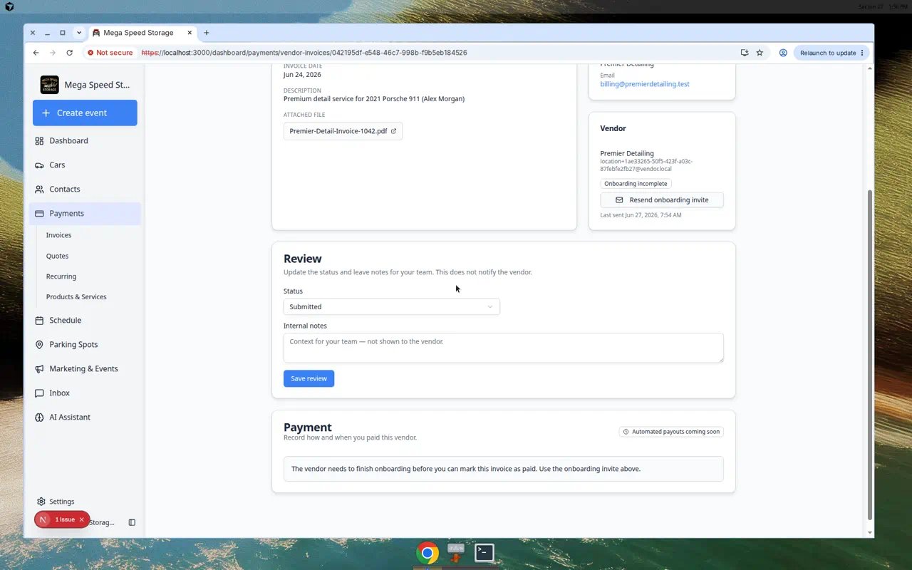Vendor invoice detail page showing invoice amount, attached PDF, vendor card, review status dropdown, internal notes, and payment section