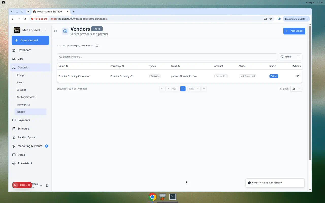 Vendors page showing multiple vendor rows with company names, types, email, account status, and Active status