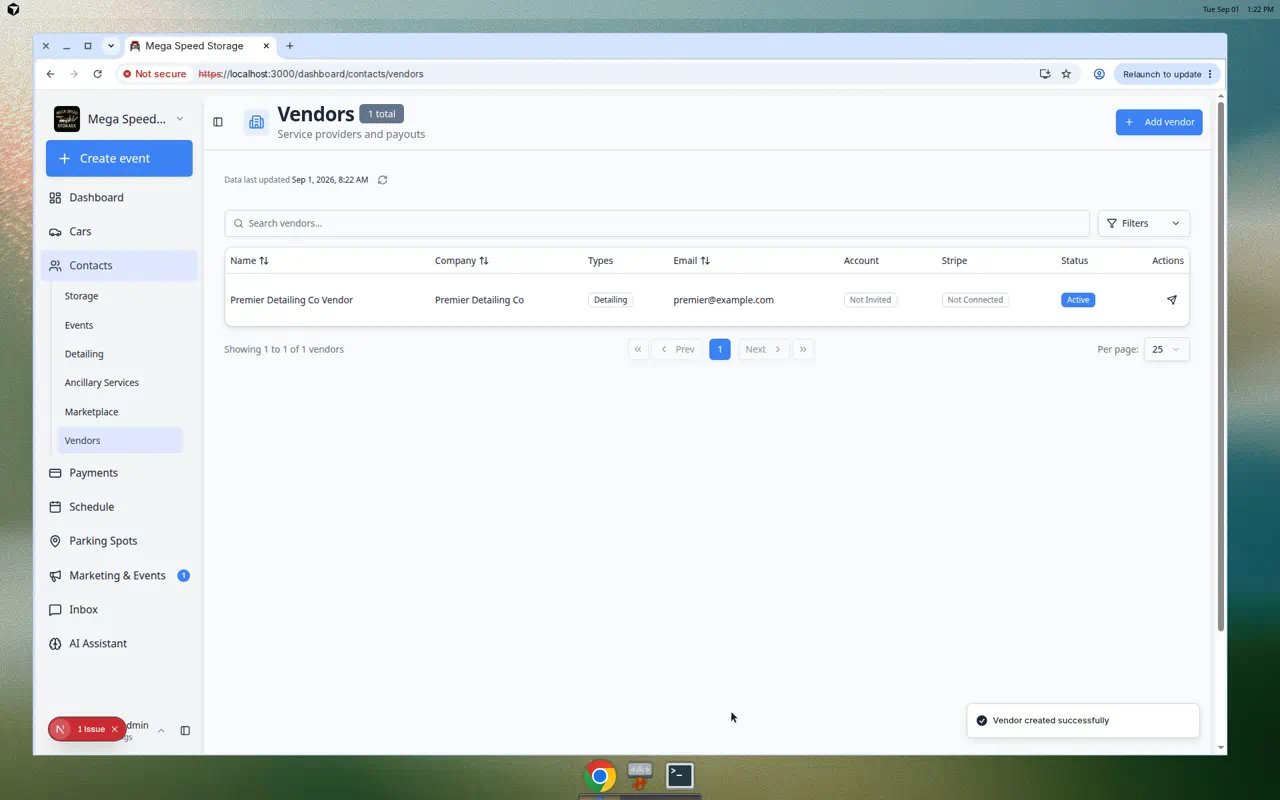 Vendors page showing multiple vendor rows with company names, types, email, account status, and Active status