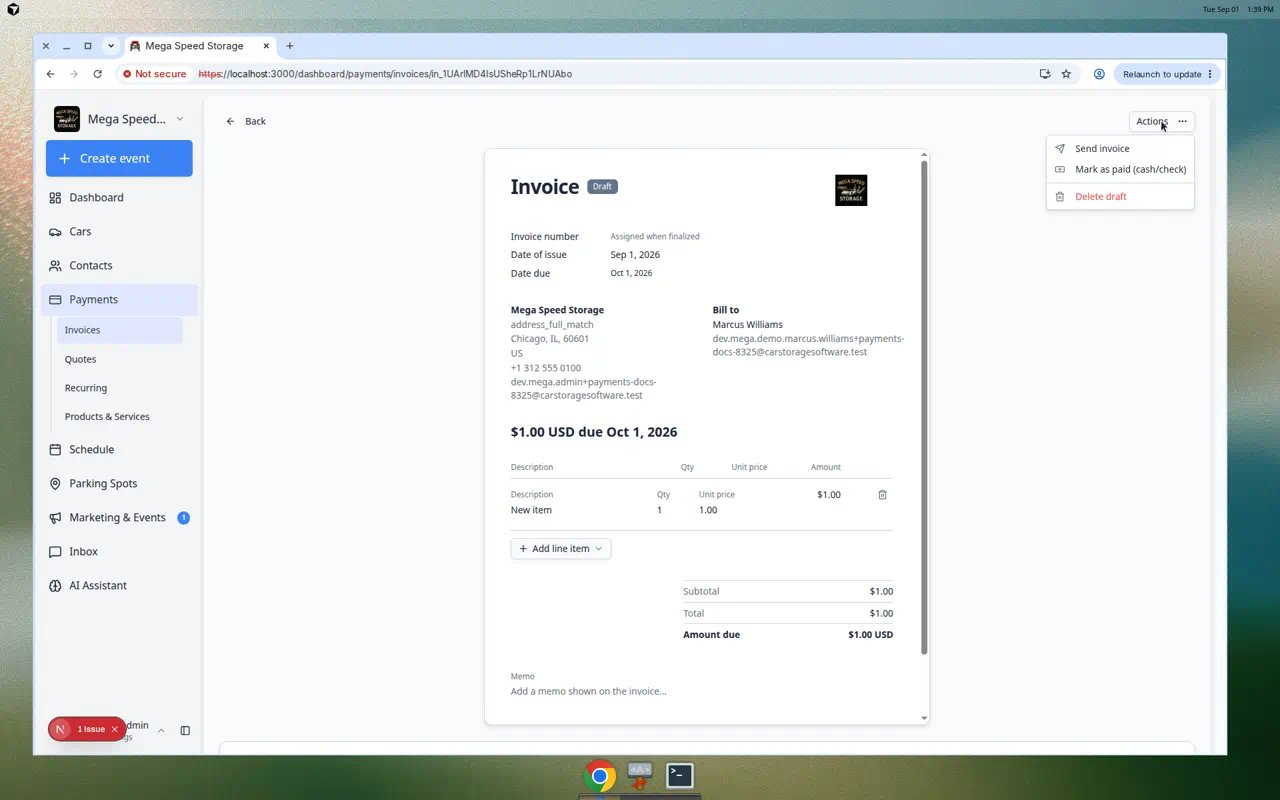 Draft invoice Actions menu showing Send invoice, Mark as paid, and Delete draft options