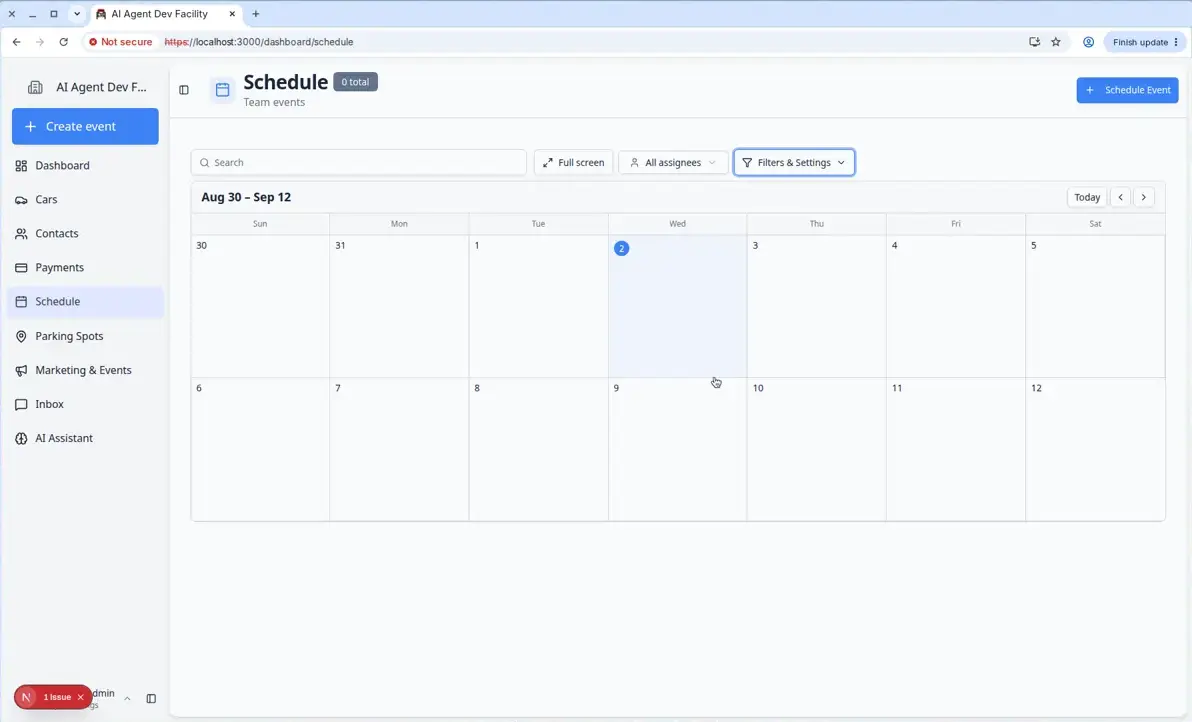 Schedule calendar in 2 Week view with color-coded events across fourteen days