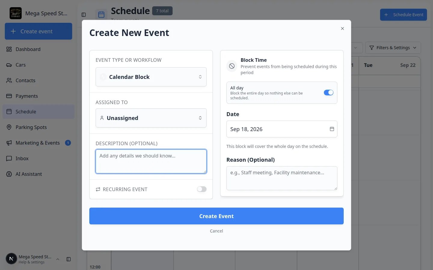 Create New Event window set to Calendar Block with All day on, showing Block Time helper text and a Date picker