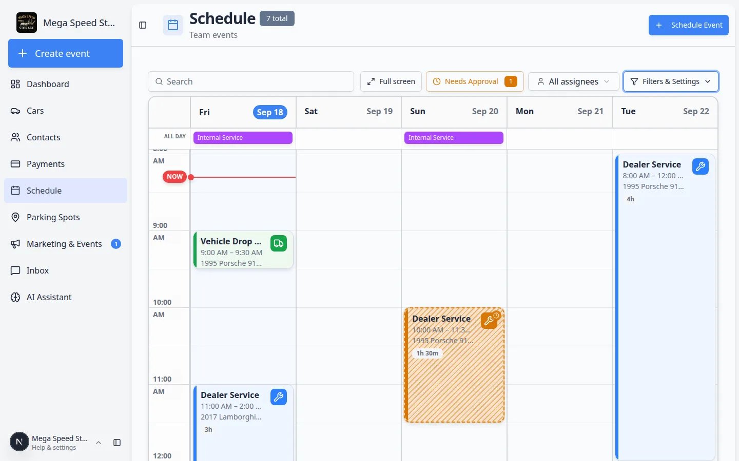 Schedule calendar in 5 Day view with an ALL DAY row above the time grid showing Internal Service bars